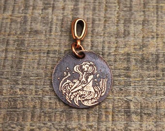 Small copper mermaid pendant, round etched jewelry, optional necklace, 22mm