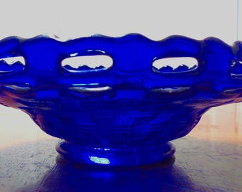 Gorgeous Cobalt Blue Basket Weave With Pierced Edges Tidbit Bowl Dish