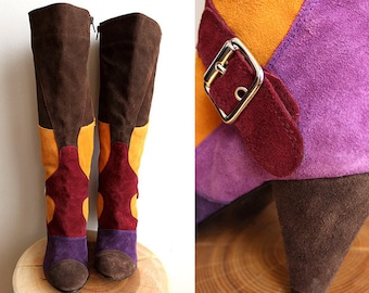 90s LEATHER Patchwork Tall Boots Suede High Heel Boots Multi Color Colorful Boots Bohemian Hippy Hippie Riding Boots 70s Style