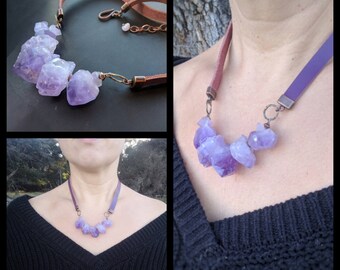 Natural raw Amethyst quartz necklace, purple nugget rough Amethyst necklace, amethyst points on purple leather cord statement necklace