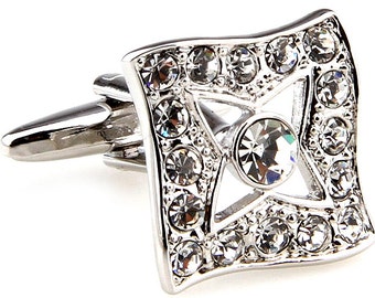 Silver Center Star Cufflinks Cut Crystals Formal Wear Cuff Links Cufflinks