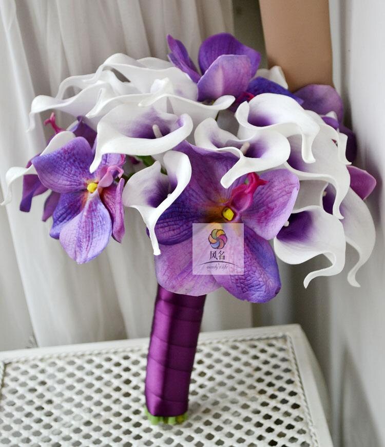 wedding artifical flower bouquet purple orchid calla pu real