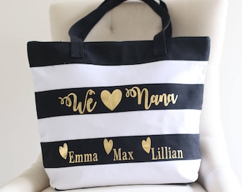 Personalized Gift For Grandma Tote Bag Black White Gold Grandchildren Christmas Gift Mothers Day Present