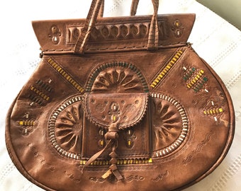 Vintage Leather Hand Tooled Moroccan Boho Handbag
