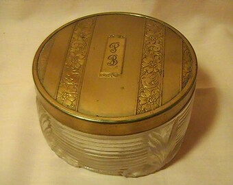Old Vintage Glass Powder Jar with Gold-toned Cover, Vintage Powder Jar