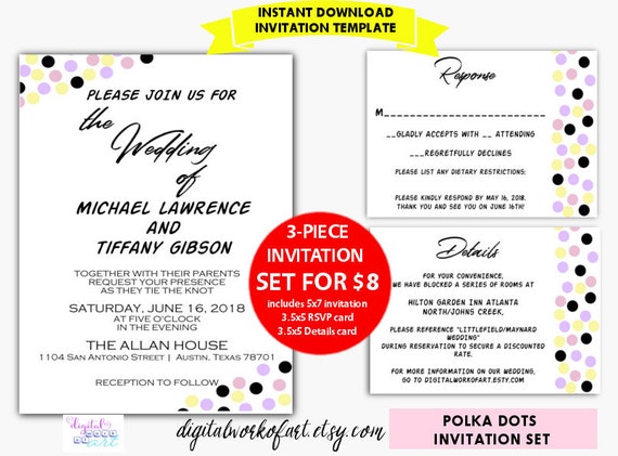 diy polka dots wedding invitation template editable pdf cheap