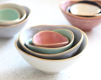 Mini Nesting Bowls - Gold Rim - White, Charcoal, Sea foam, Salmon - set of 4