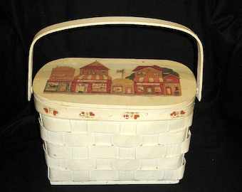 Vintage Basket Purse 50s Bamboo Split Wood Painted Top Handle Hinged Lid Basket Bag