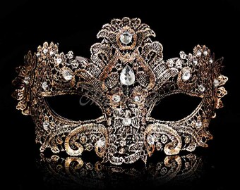 Rose Gold/Black Lace Mask, Lace Masquerade Mask, Mask w/ Exquisite Clear Rhinestones, Lace Masquerade Mask
