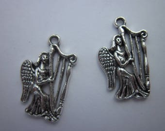 2 charms Angel with harp in Silver (265)-