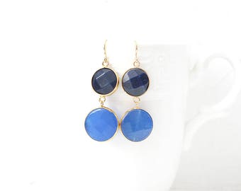 Cornflower and Blue Jade Double Stone Hook Gold Plated Earrings