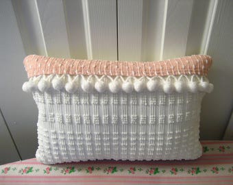 Oblong Retro Vintage Chenille Pillow - Shell Pink White Pinstripes Ball Fringe Trim 16" x 11.5"
