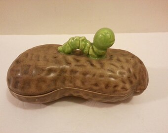 Ceramic Peanut Dish with Green Caterpillar on Lid
