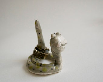 Gideon the Ring Worm - Jewelry Ring Holder - gray grey green black dots - unique ceramic art figure - cute ooak original design by Art Farm