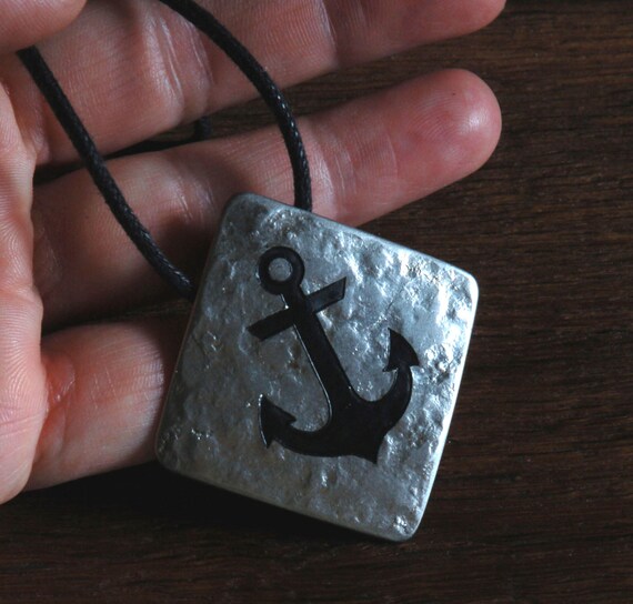 Silver Nautical Anchor Sailor's Pendant Ancient Anvil Texture Necklace Rugged Hand Forged Sailing Regatta Key Chain, Dog Tag Leather Strap