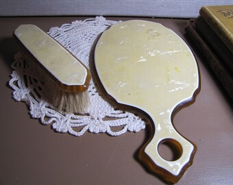 Vintage Vanity Items - Short Handle Mirror and Clothes Brush - Yellow Marble Look Celluloid or Bakelite