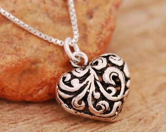 Sterling Silver Heart Necklace, Open Heart Necklace, Sterling Silver Filigree Heart Necklace, 3D heart Necklace, Gift for Her