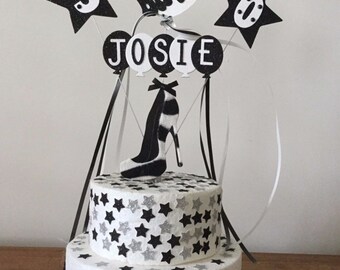 Zebra or Leopard High Heel Shoe Stiletto Glitter Birthday Cake Topper Party Decoration, Any Age And Name,16th,18th,21st,50th, 60th, 65th