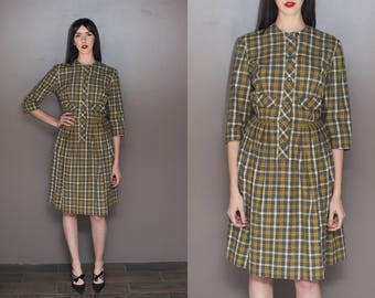 50s Vintage Plaid Dress Wool Pleated Button Up Dress Pocket Secretary Dress - 26 inch Waist