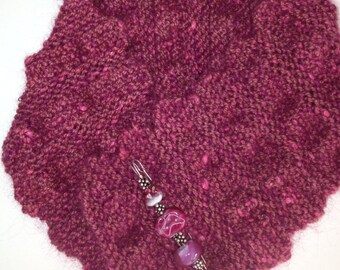 Raspberry knitted scarf and lampwork pin
