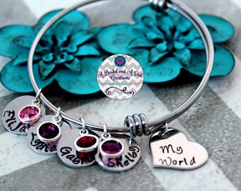 Custom Hand Stamped Grandmother/Mother adjustable bangle bracelet with birthstones