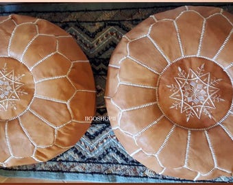 Set of 2 Moroccan Poufs, Ottoman pouf, footstools pouf, tan floor pouf, Handmade natural Leather pouf, Home decor, Boho Decor, natural brown