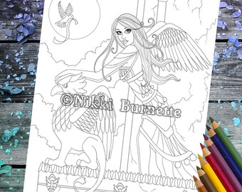 Coloring Page - Digital Stamp - Printable - Fantasy Art - Stamp - Adult Coloring Page - ALICIA - by Nikki Burnette