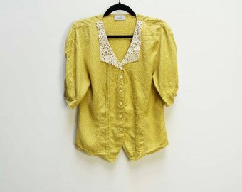 Yellow Blouse Vintage Lace Collar Blouse Vintage Lace Peter Pan Collar Shirt Yellow Polka Dot Pattern Button Up Top Women's Vintage Yellow