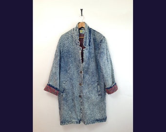 80s 90s Denim Acid Washed Half Trench Coat Womens XL- XXL Jean Jacket Very Hip