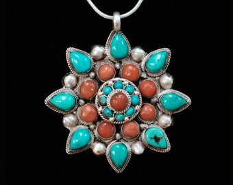 Turquoise and Coral Mandala Silver Pendant