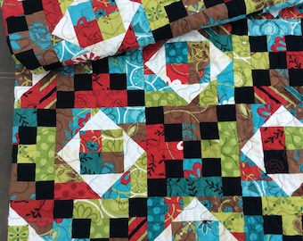 Modern Lap Quilt, Black and Red Quilt, Blue, Green, Handmade Quilt, Homemade Blanket, Throw