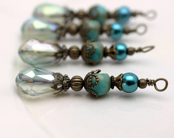 Vintage Style Green AB Color Change Crystal Teardrop with Pearls and Turquoise Czech Bead Dangle Set - Earring Dangle, Pendant