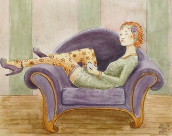 Original watercolor painting portrait woman lazy teenager