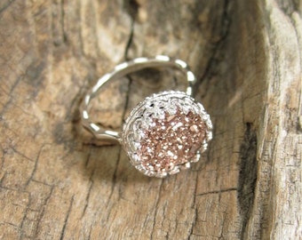 Rose Gold Druzy Ring, Titanium Drusy Quartz Ring, Sterling Silver Crown Setting