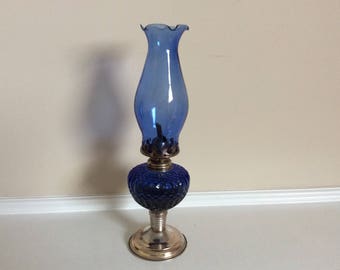 Blue Cobalt Glass Kerosene Lamp with a Scalloped Edge, Hong Kong.