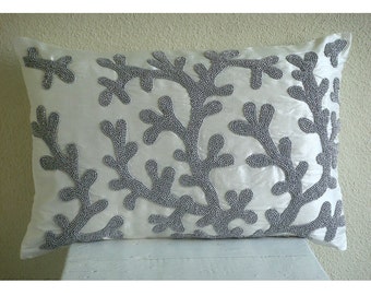 Decorative Oblong / Lumbar Rectangle Throw Pillow Covers Accent Pillow Couch Sofa 12x16 White Silk Pillows Bead Embroidered - Silver Corals