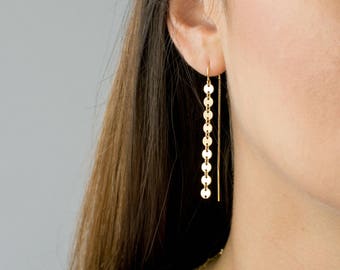 Gold Coin Threader Earrings, Long Dangle Earrings, Minimalist Earrings, Sterling Silver, 14k Gold Fill, Gift for Her, LEILAJewelryshop, E209