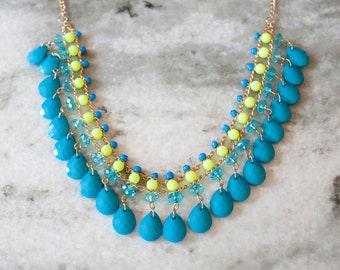 Gold Bib Necklace Jewelry Pendant Beads Beaded Fringe Statement Boho Bohemian Charm AH10034NGoldBlueGreen