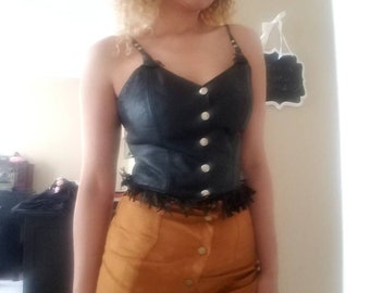 ONE DAY SALE* Black Leather Fringe Bustier Button Up Vintage 80's