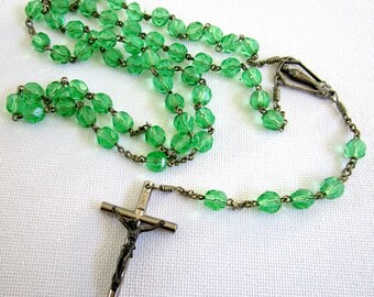 Vintage green crystal rosary, green rosary
