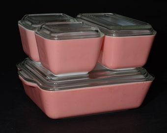 PYREX, Primary, Full set, Fridgies with lids, Vintage Pyrex Set, 1950s, Pyrex Refrigerator Set, 501, 502, 503, 8 pc, rare