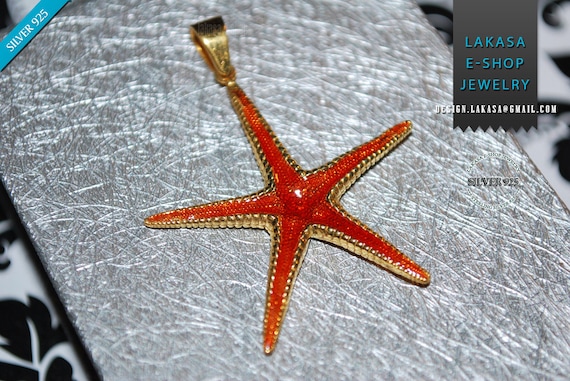 Sea Star Sterling Silver Goldplated Pendant Red Enamel Jewelry Love Woman Unisex Men Marine Hope Freedom Sea Summer Greece Seestern Starfish