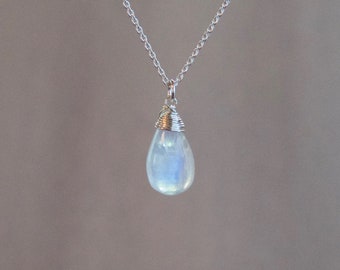 Moonstone Necklace • Sterling Silver or Gold Filled • June Birthstone • Wire Wrapped • Moonstone Pear • Natural Moonstone • Birthday Gift