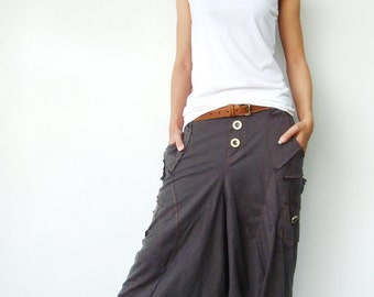 NO.95 Charcoal Cotton Jersey Casual Harem Pants, Unique Pockets Drop-Crotch Trousers, Unisex Pants