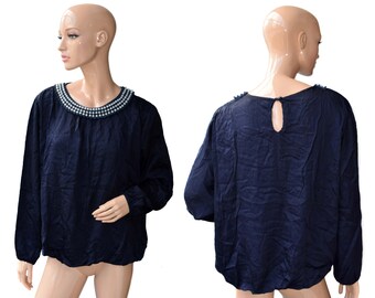Vintage Perla Nera women top blouse navy blue