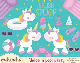SUPER PACK pool party unicorns clipart, png instant download in HD - Imágenes prediseñadas fiesta de piscina de unicornios