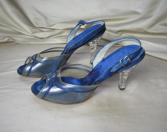 1950s Blue Satin & Plastic Slingbacks with LUCITE / RHINESTONE Heels by Koster.....size 7 1/2 N