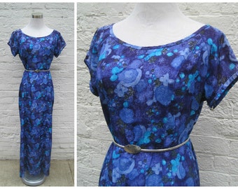 Vintage 60s Hawaiian dress, hawaiian maxi dress, blue hawaiian dress, evelyn margolis dress, flowy maxi dress, vintage caftan dress