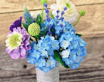 CLAYCRAFT by DECO - Clay floral arrangement with hydrangeas, ranunculus, scabiosa, pansies, veronica and lavender and