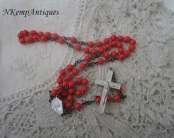 Coral glass rosary 1930's